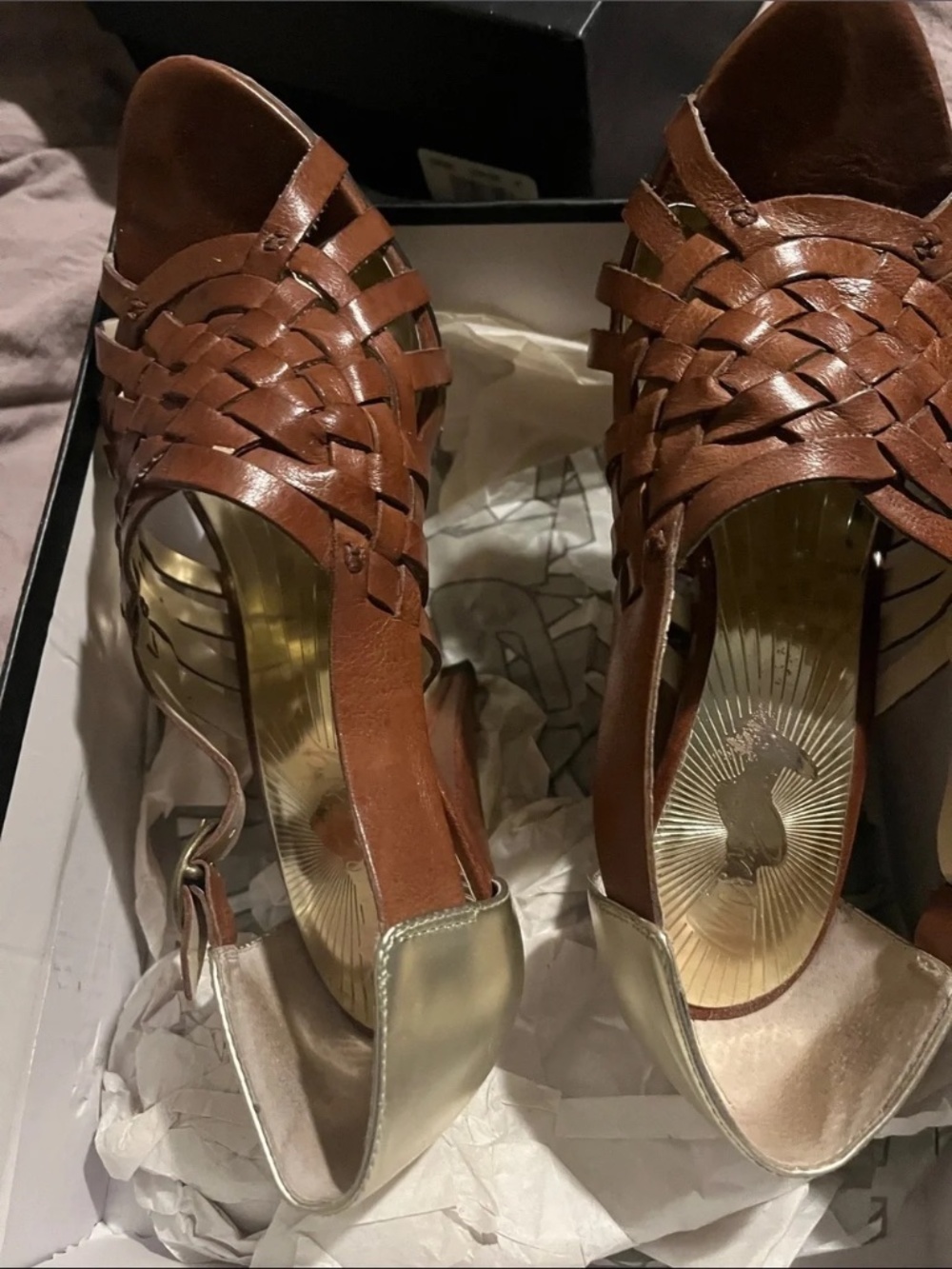 Miss Sixty Brown Woven Leather Heels with Gold Insole